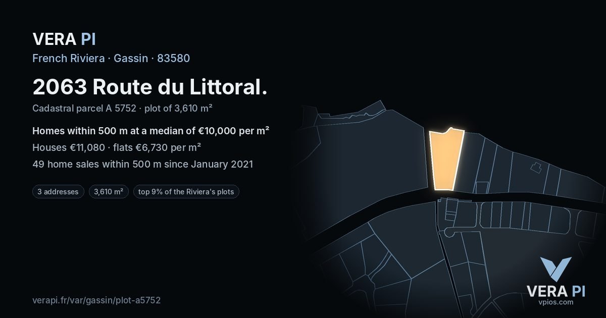 2063 Route du Littoral, Gassin at night – the plot lit, the parcels around coloured by the prices near them
