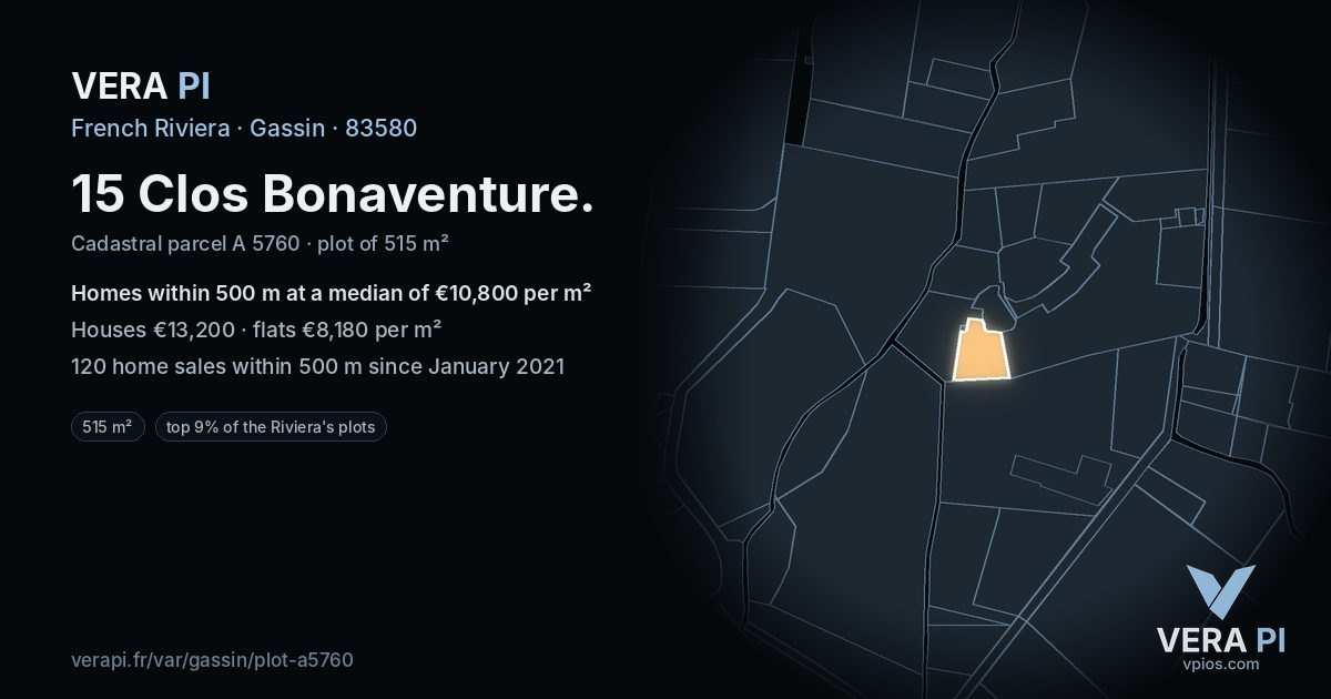 15 Clos Bonaventure, Gassin at night – the plot lit, the parcels around coloured by the prices near them