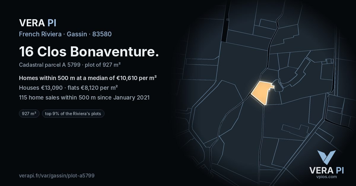 16 Clos Bonaventure, Gassin at night – the plot lit, the parcels around coloured by the prices near them
