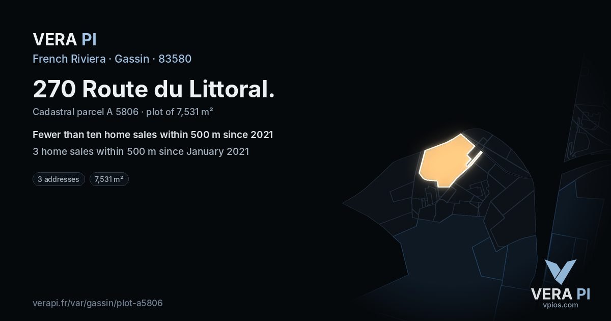 270 Route du Littoral, Gassin at night – the plot lit, the parcels around coloured by the prices near them