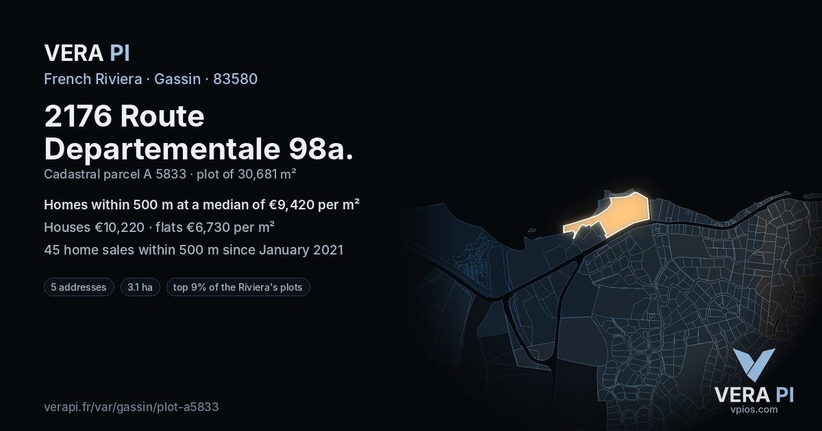 2176 Route Departementale 98a, Gassin at night – the plot lit, the parcels around coloured by the prices near them