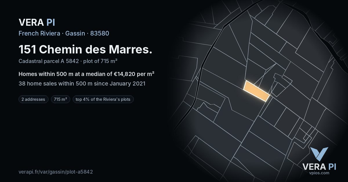 151 Chemin des Marres, Gassin at night – the plot lit, the parcels around coloured by the prices near them