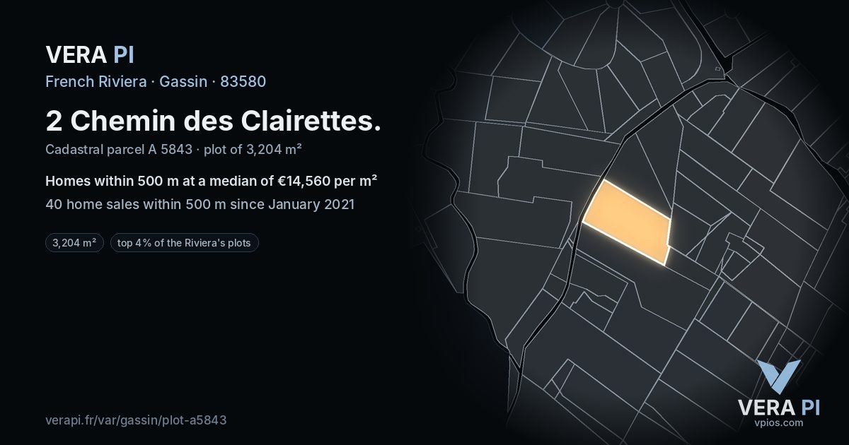 2 Chemin des Clairettes, Gassin at night – the plot lit, the parcels around coloured by the prices near them