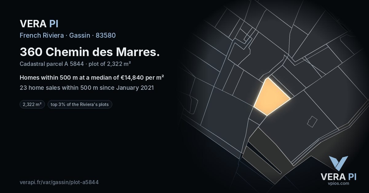 360 Chemin des Marres, Gassin at night – the plot lit, the parcels around coloured by the prices near them
