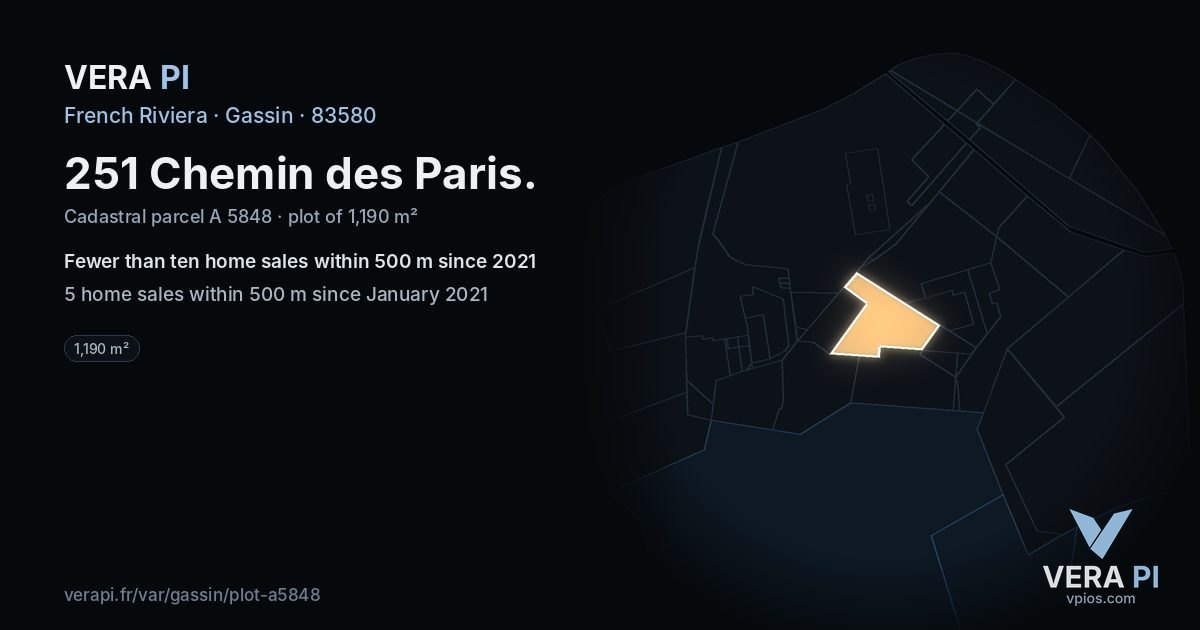251 Chemin des Paris, Gassin at night – the plot lit, the parcels around coloured by the prices near them