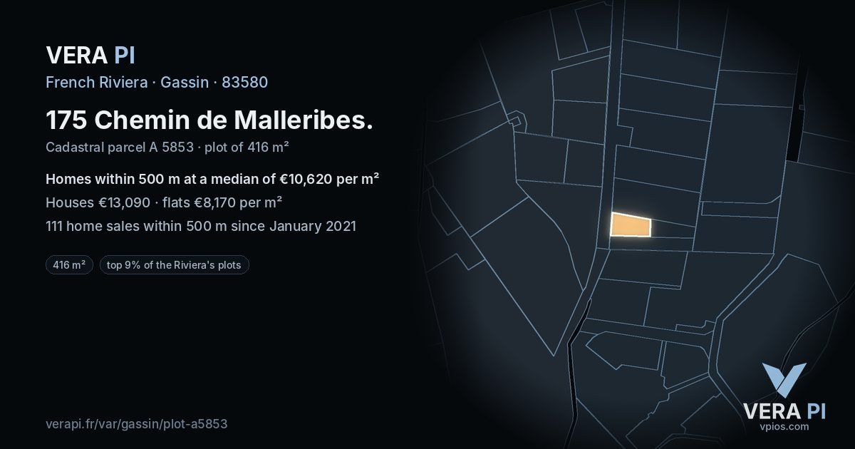 175 Chemin de Malleribes, Gassin at night – the plot lit, the parcels around coloured by the prices near them