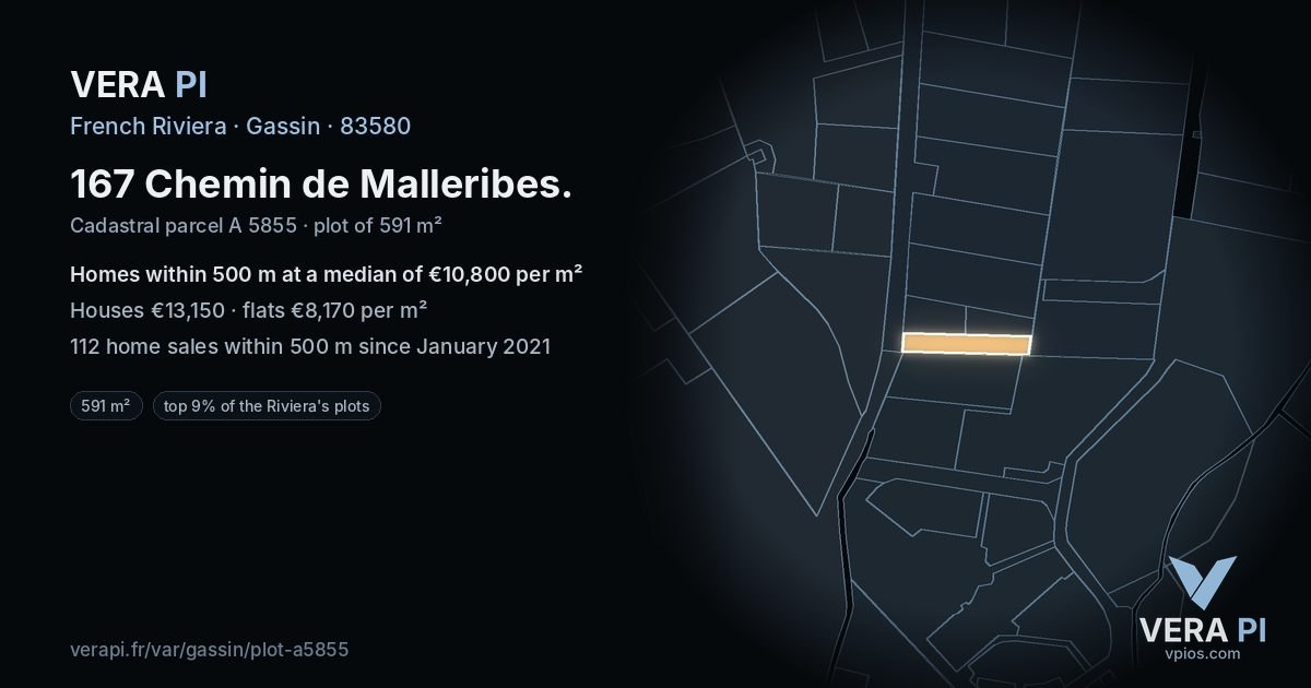 167 Chemin de Malleribes, Gassin at night – the plot lit, the parcels around coloured by the prices near them