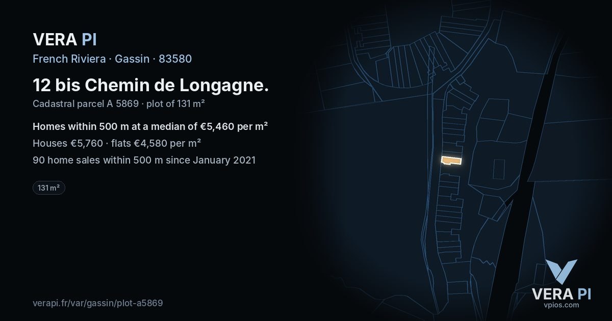 12 bis Chemin de Longagne, Gassin at night – the plot lit, the parcels around coloured by the prices near them