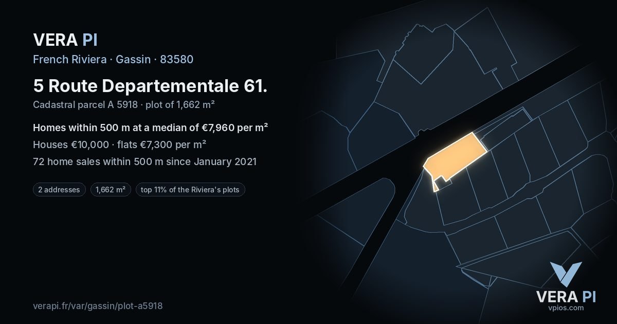 5 Route Departementale 61, Gassin at night – the plot lit, the parcels around coloured by the prices near them