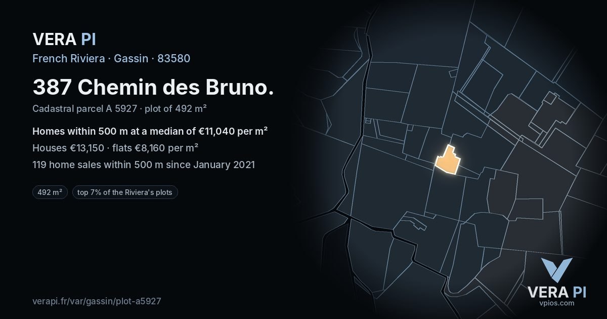 387 Chemin des Bruno, Gassin at night – the plot lit, the parcels around coloured by the prices near them