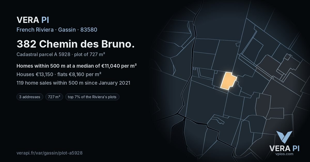 382 Chemin des Bruno, Gassin at night – the plot lit, the parcels around coloured by the prices near them