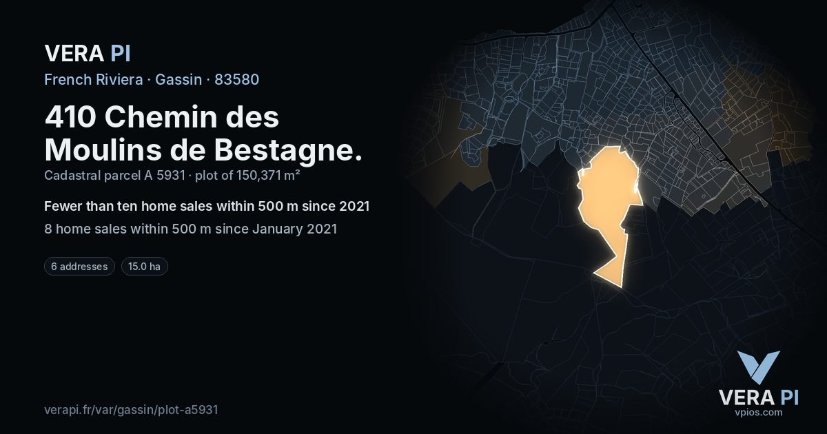 410 Chemin des Moulins de Bestagne, Gassin at night – the plot lit, the parcels around coloured by the prices near them