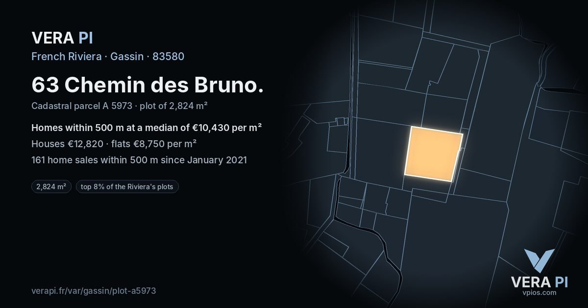 63 Chemin des Bruno, Gassin at night – the plot lit, the parcels around coloured by the prices near them