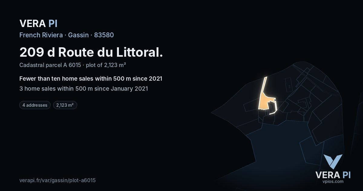 209 d Route du Littoral, Gassin at night – the plot lit, the parcels around coloured by the prices near them