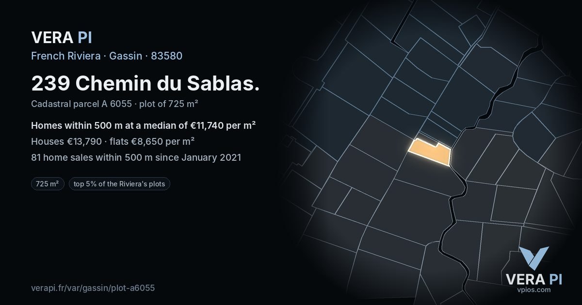 239 Chemin du Sablas, Gassin at night – the plot lit, the parcels around coloured by the prices near them