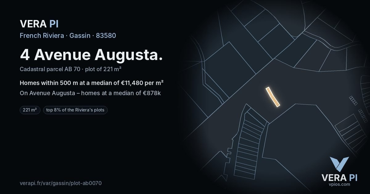 4 Avenue Augusta, Gassin at night – the plot lit, the parcels around coloured by the prices near them