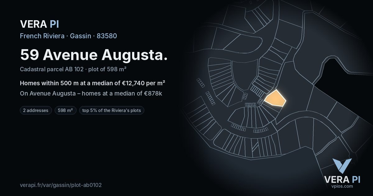 59 Avenue Augusta, Gassin at night – the plot lit, the parcels around coloured by the prices near them