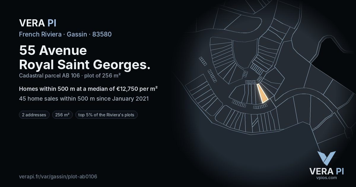 55 Avenue Royal Saint Georges, Gassin at night – the plot lit, the parcels around coloured by the prices near them