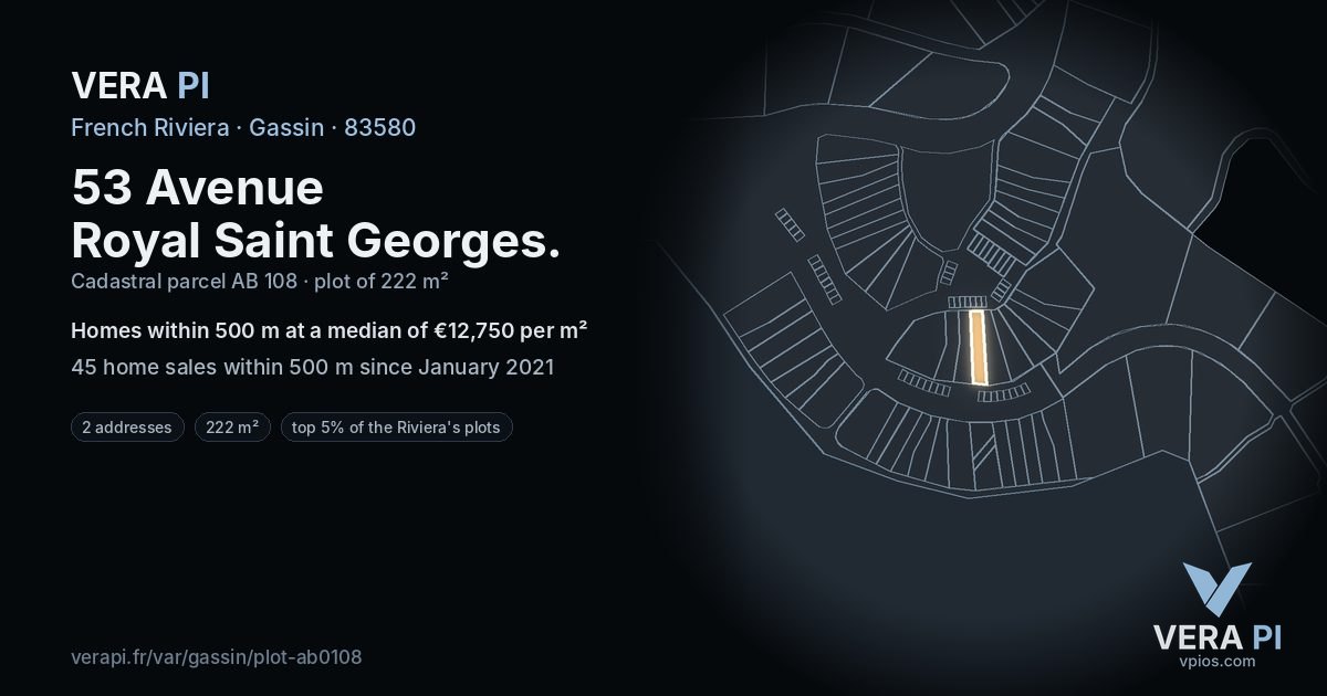 53 Avenue Royal Saint Georges, Gassin at night – the plot lit, the parcels around coloured by the prices near them