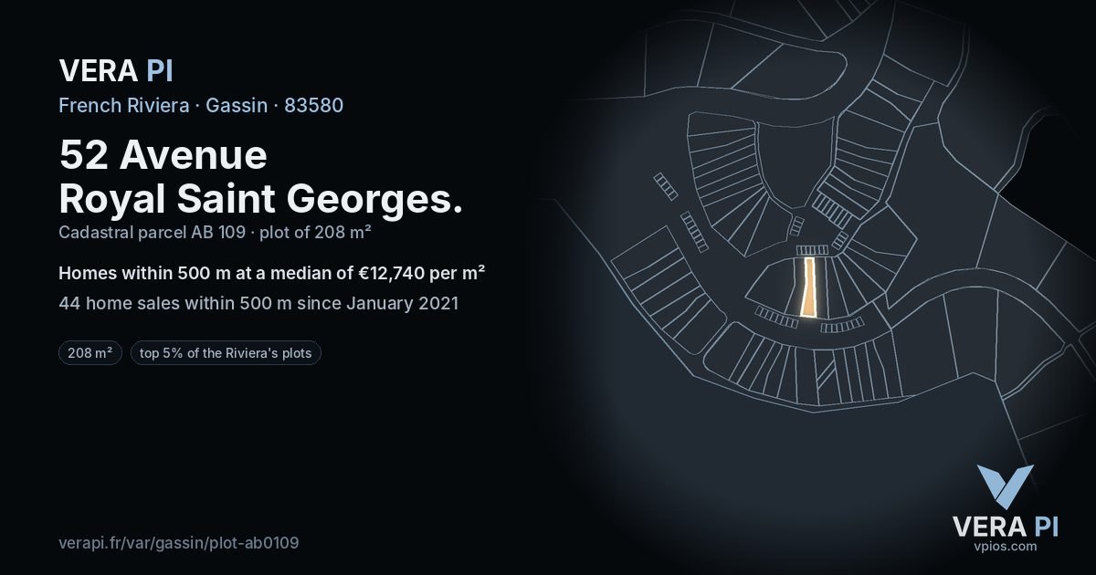 52 Avenue Royal Saint Georges, Gassin at night – the plot lit, the parcels around coloured by the prices near them