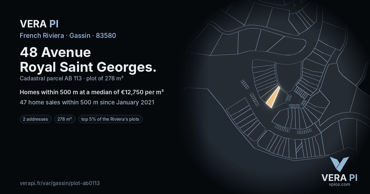 48 Avenue Royal Saint Georges, Gassin at night – the plot lit, the parcels around coloured by the prices near them