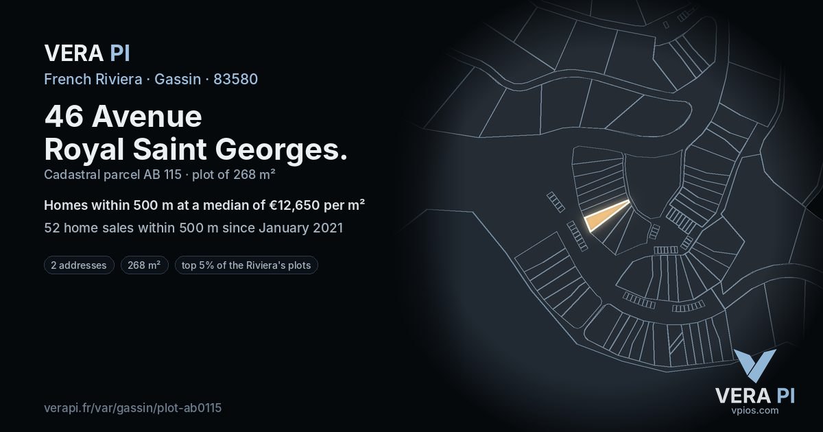 46 Avenue Royal Saint Georges, Gassin at night – the plot lit, the parcels around coloured by the prices near them