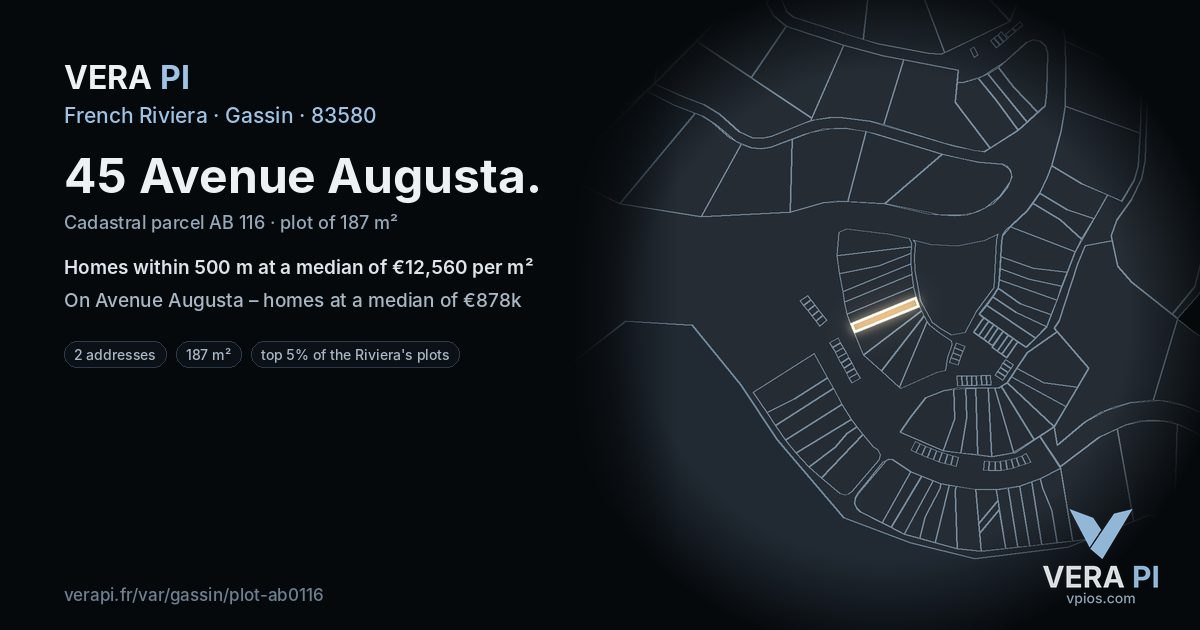 45 Avenue Augusta, Gassin at night – the plot lit, the parcels around coloured by the prices near them