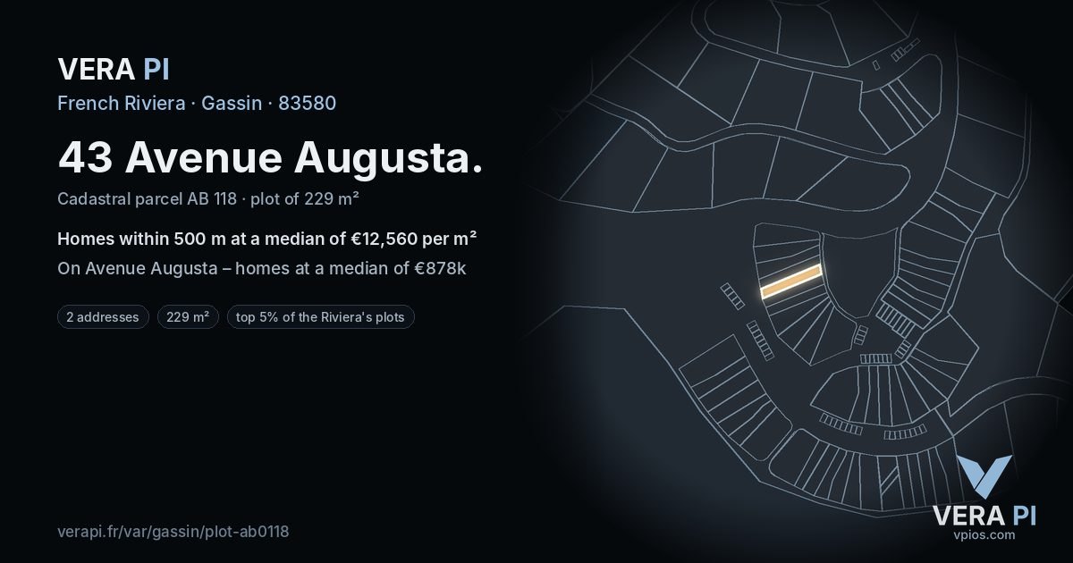 43 Avenue Augusta, Gassin at night – the plot lit, the parcels around coloured by the prices near them
