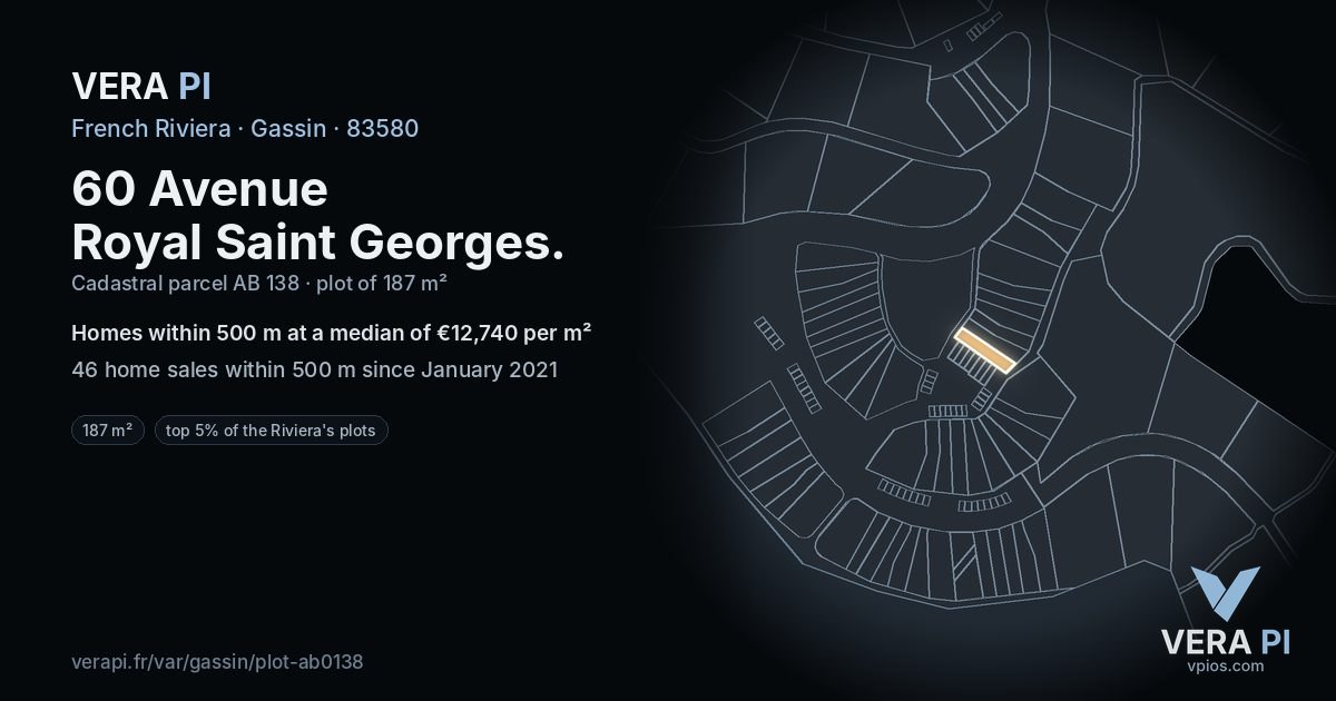 60 Avenue Royal Saint Georges, Gassin at night – the plot lit, the parcels around coloured by the prices near them