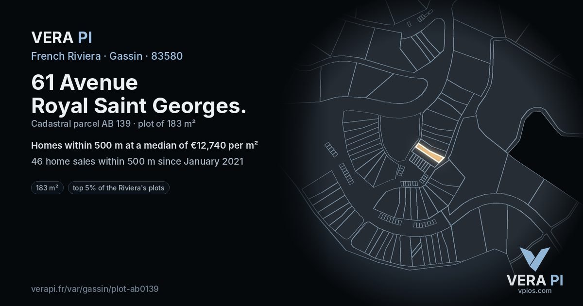 61 Avenue Royal Saint Georges, Gassin at night – the plot lit, the parcels around coloured by the prices near them