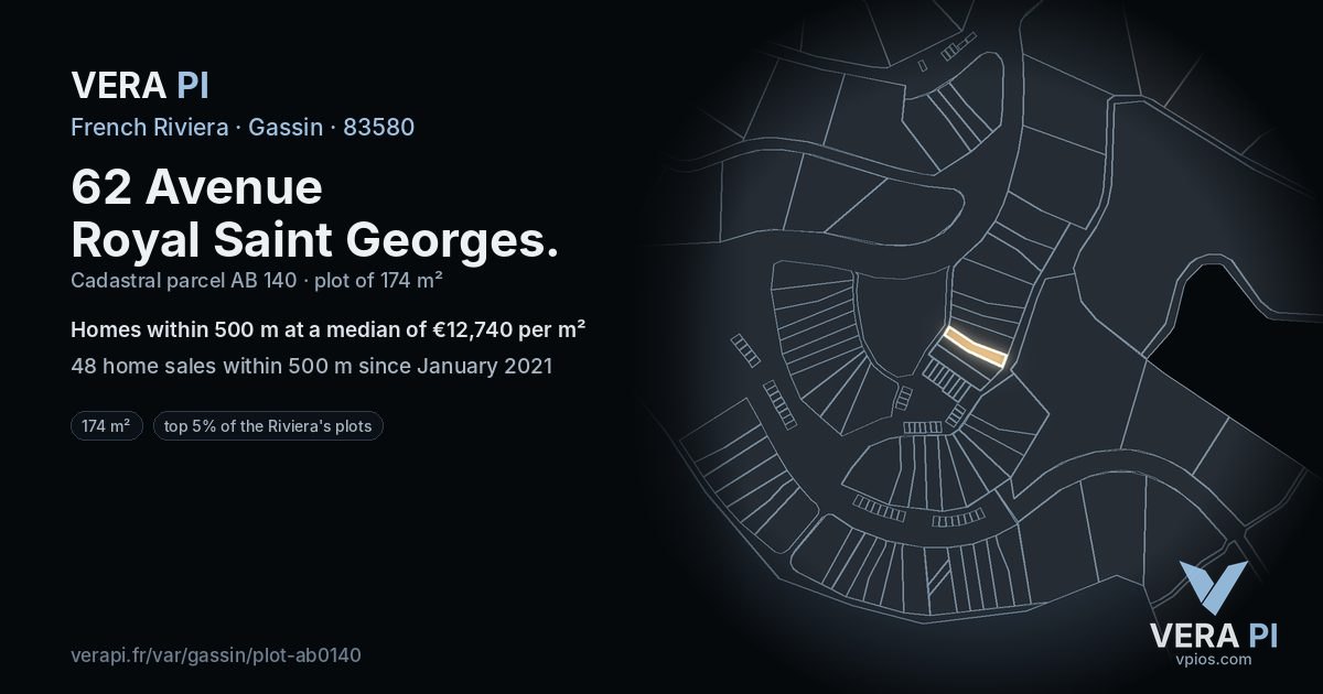 62 Avenue Royal Saint Georges, Gassin at night – the plot lit, the parcels around coloured by the prices near them