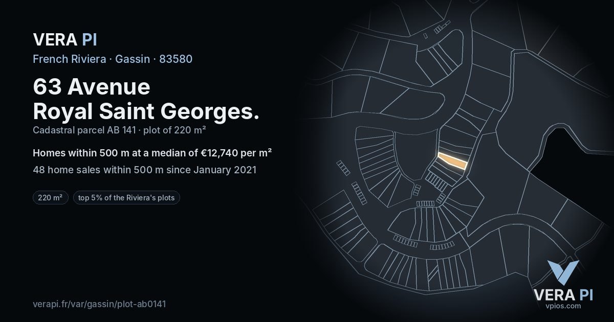 63 Avenue Royal Saint Georges, Gassin at night – the plot lit, the parcels around coloured by the prices near them