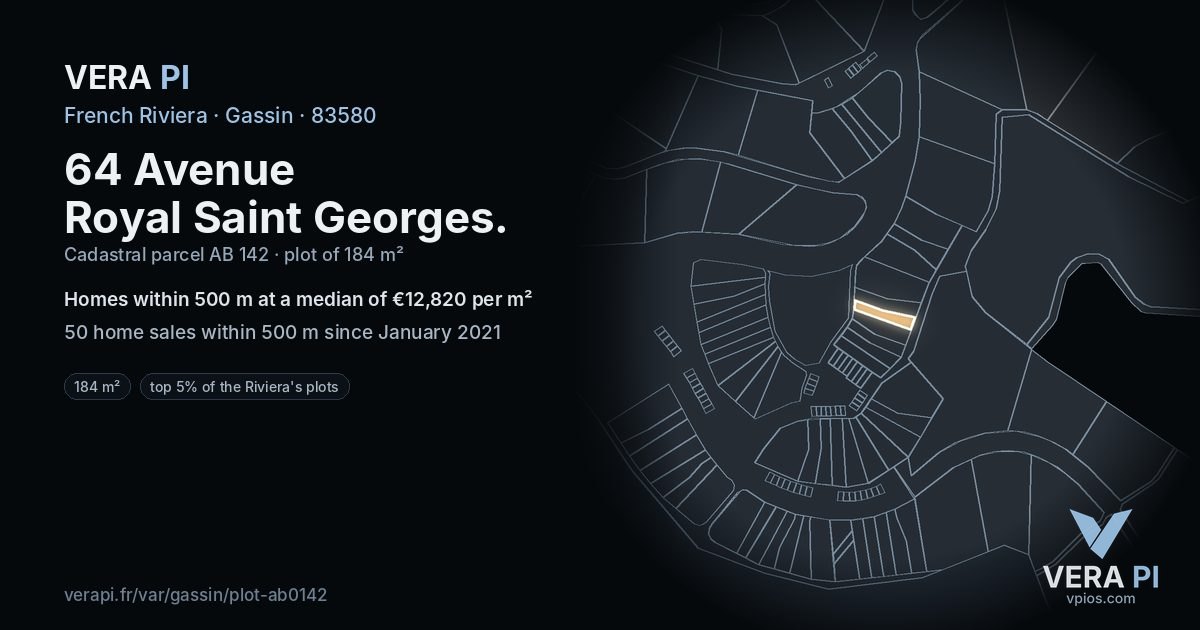 64 Avenue Royal Saint Georges, Gassin at night – the plot lit, the parcels around coloured by the prices near them