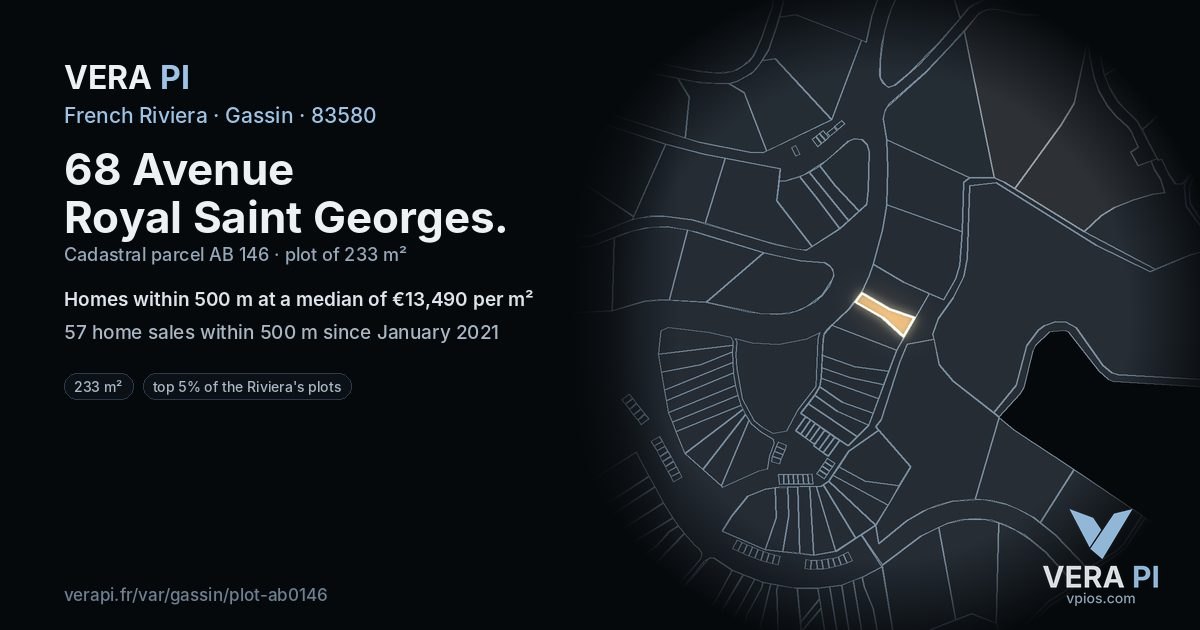 68 Avenue Royal Saint Georges, Gassin at night – the plot lit, the parcels around coloured by the prices near them