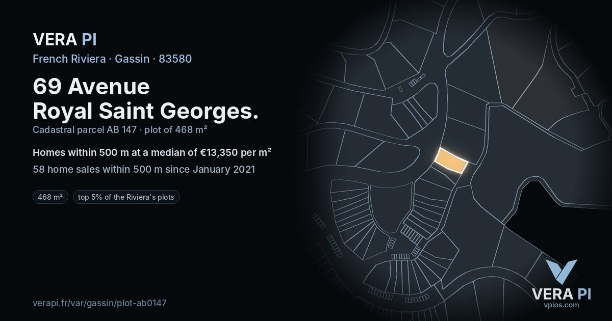 69 Avenue Royal Saint Georges, Gassin at night – the plot lit, the parcels around coloured by the prices near them
