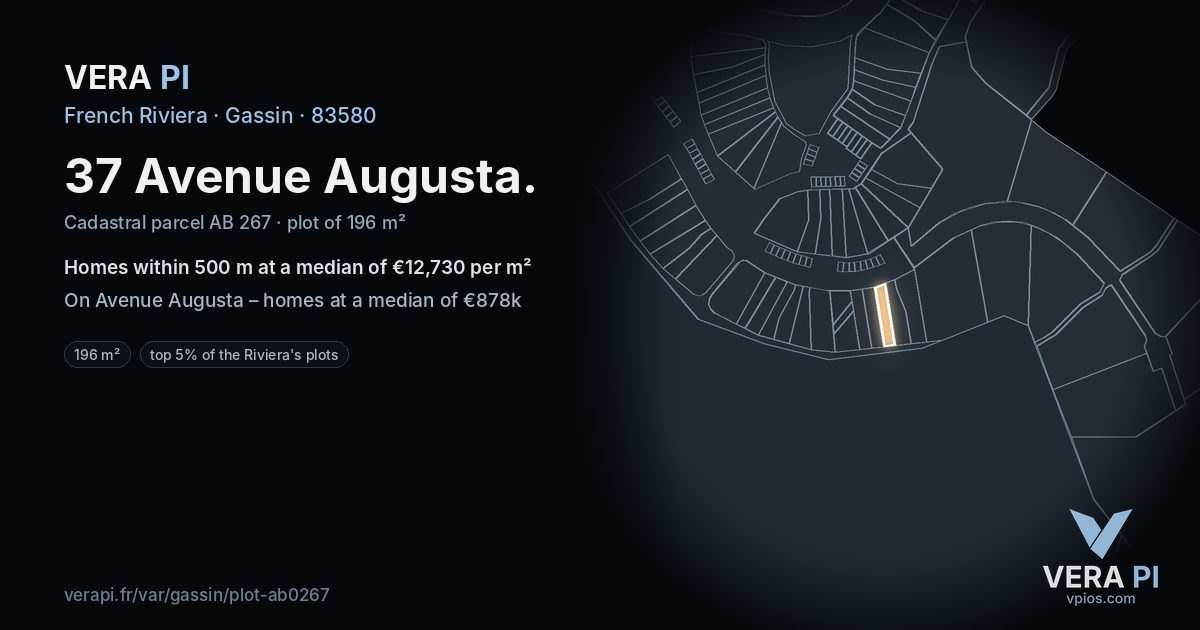 37 Avenue Augusta, Gassin at night – the plot lit, the parcels around coloured by the prices near them