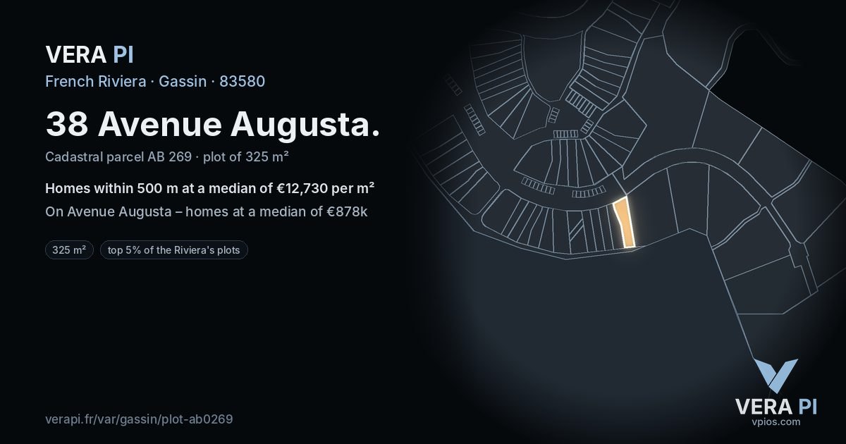 38 Avenue Augusta, Gassin at night – the plot lit, the parcels around coloured by the prices near them