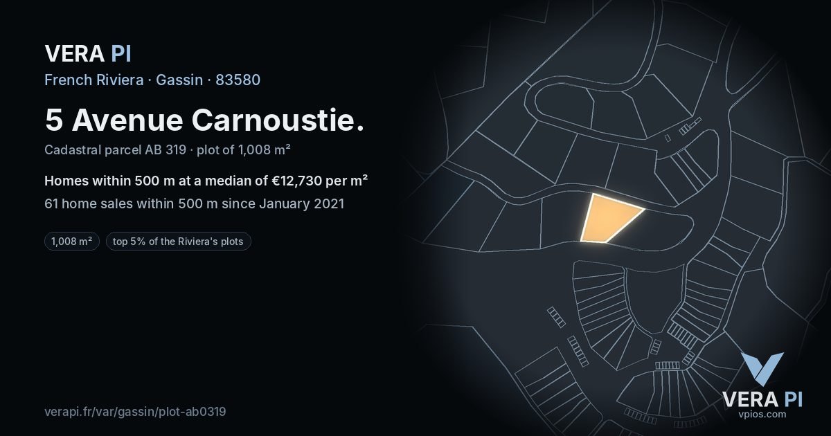 5 Avenue Carnoustie, Gassin at night – the plot lit, the parcels around coloured by the prices near them