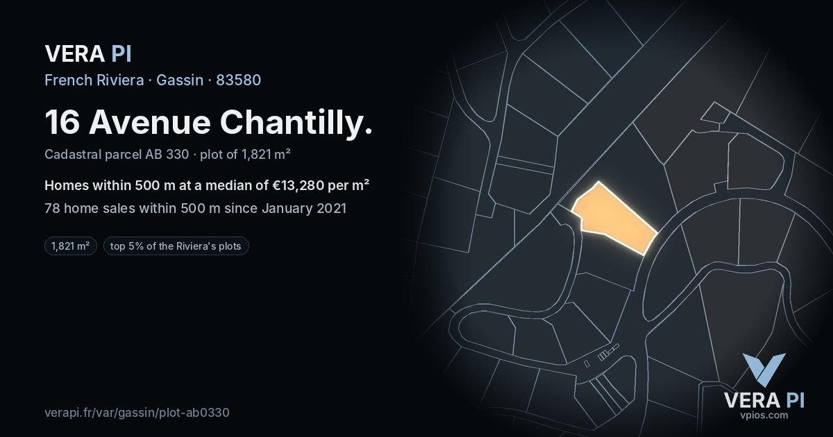 16 Avenue Chantilly, Gassin at night – the plot lit, the parcels around coloured by the prices near them