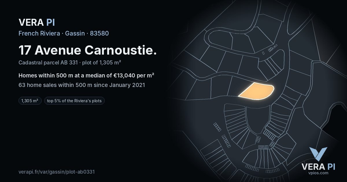 17 Avenue Carnoustie, Gassin at night – the plot lit, the parcels around coloured by the prices near them