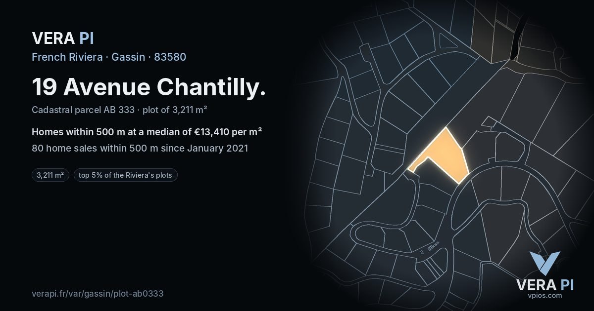 19 Avenue Chantilly, Gassin at night – the plot lit, the parcels around coloured by the prices near them