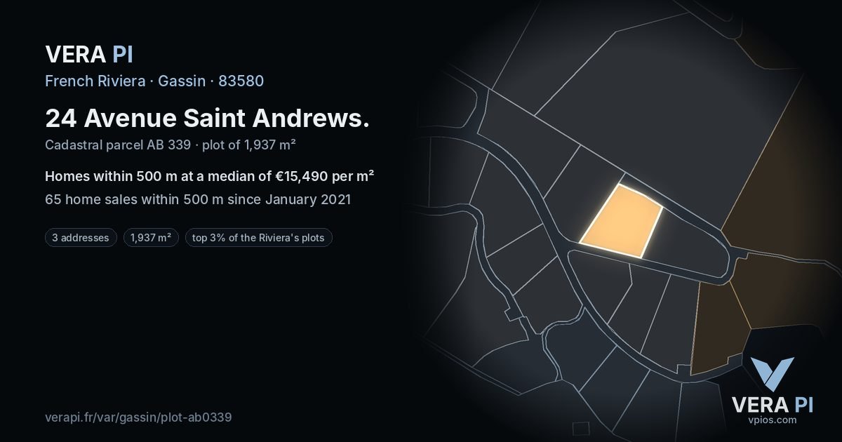 24 Avenue Saint Andrews, Gassin at night – the plot lit, the parcels around coloured by the prices near them