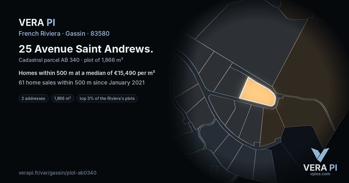 25 Avenue Saint Andrews, Gassin at night – the plot lit, the parcels around coloured by the prices near them