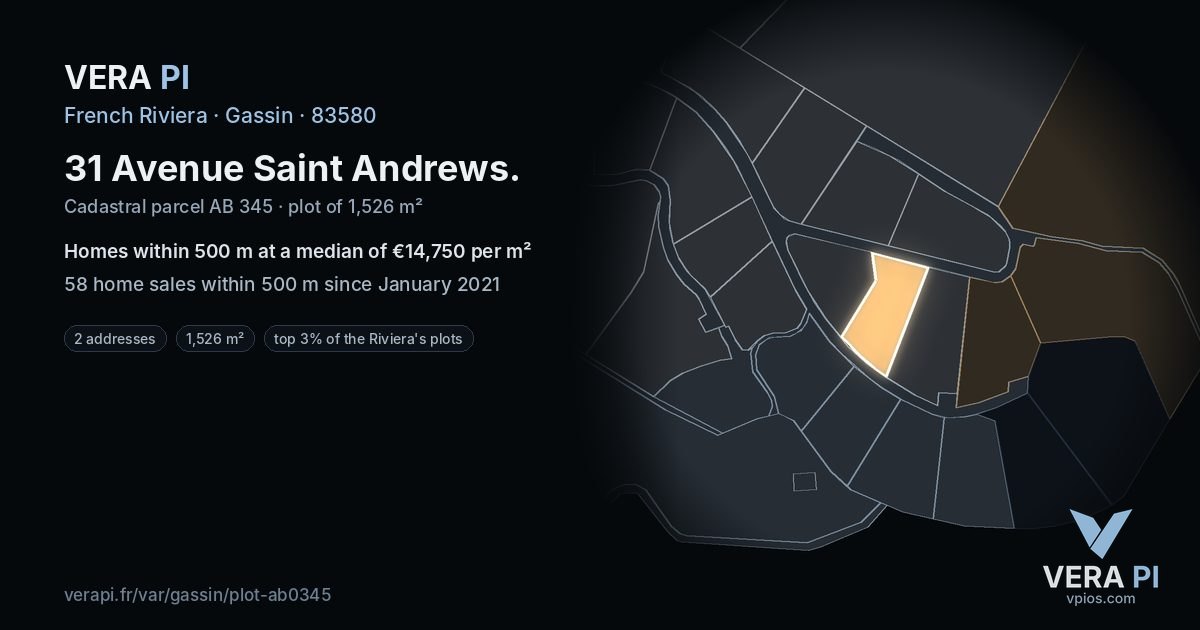 31 Avenue Saint Andrews, Gassin at night – the plot lit, the parcels around coloured by the prices near them