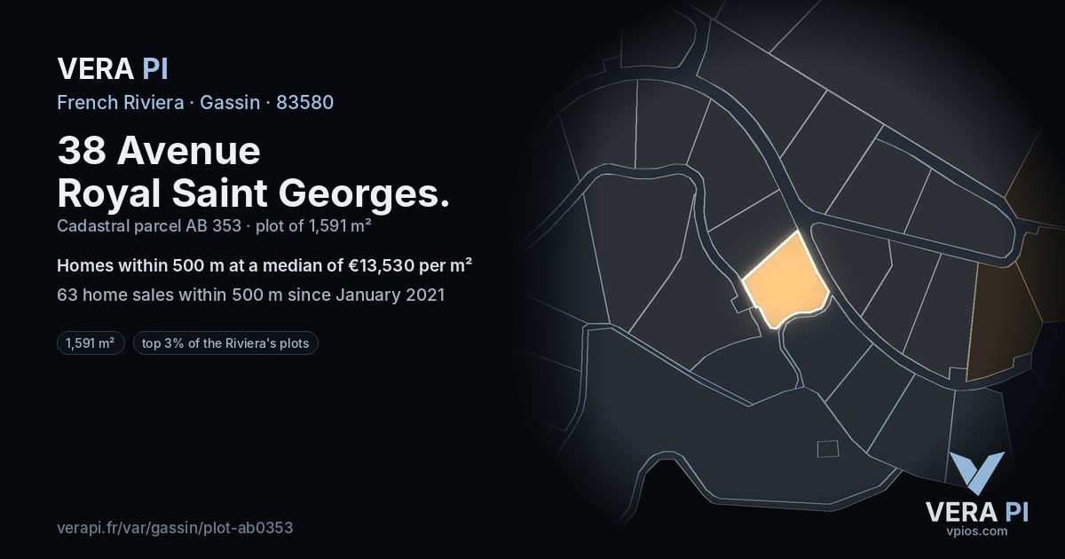 38 Avenue Royal Saint Georges, Gassin at night – the plot lit, the parcels around coloured by the prices near them