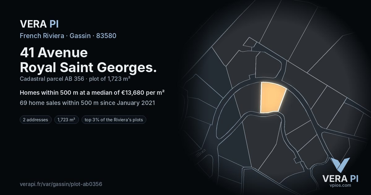 41 Avenue Royal Saint Georges, Gassin at night – the plot lit, the parcels around coloured by the prices near them