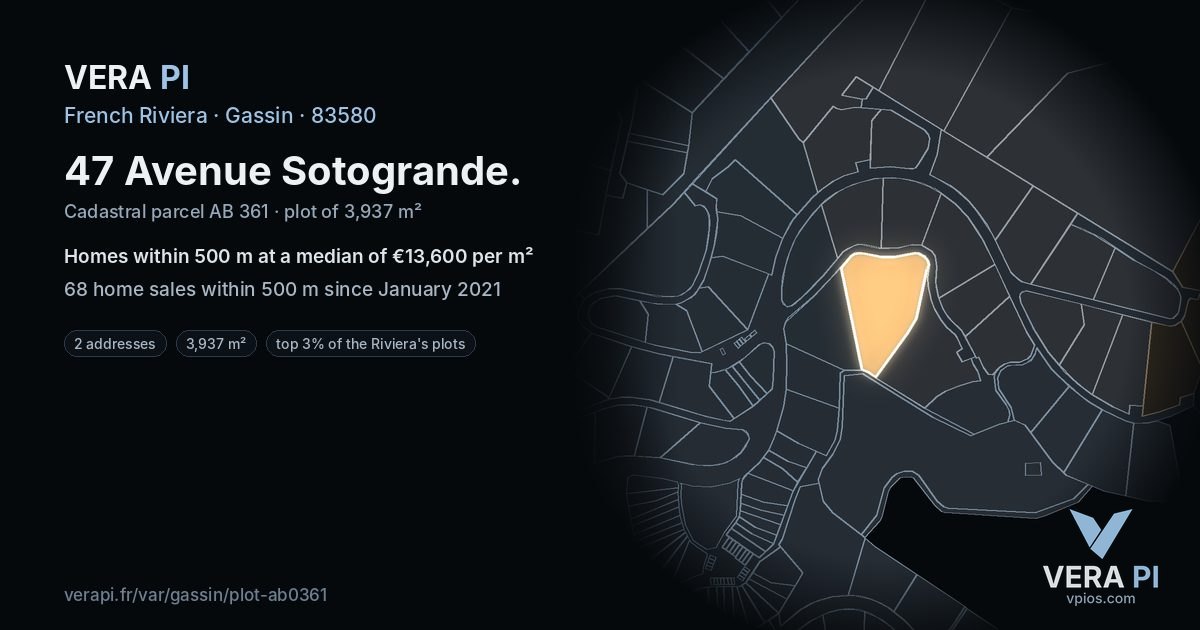 47 Avenue Sotogrande, Gassin at night – the plot lit, the parcels around coloured by the prices near them
