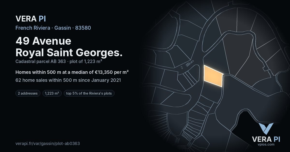 49 Avenue Royal Saint Georges, Gassin at night – the plot lit, the parcels around coloured by the prices near them