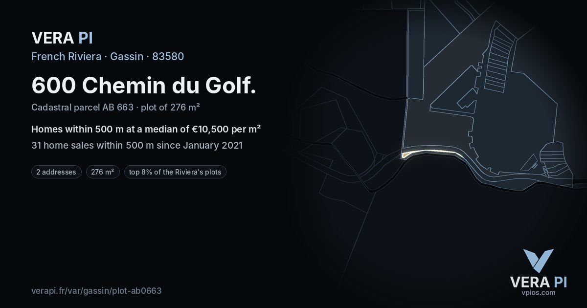 600 Chemin du Golf, Gassin at night – the plot lit, the parcels around coloured by the prices near them