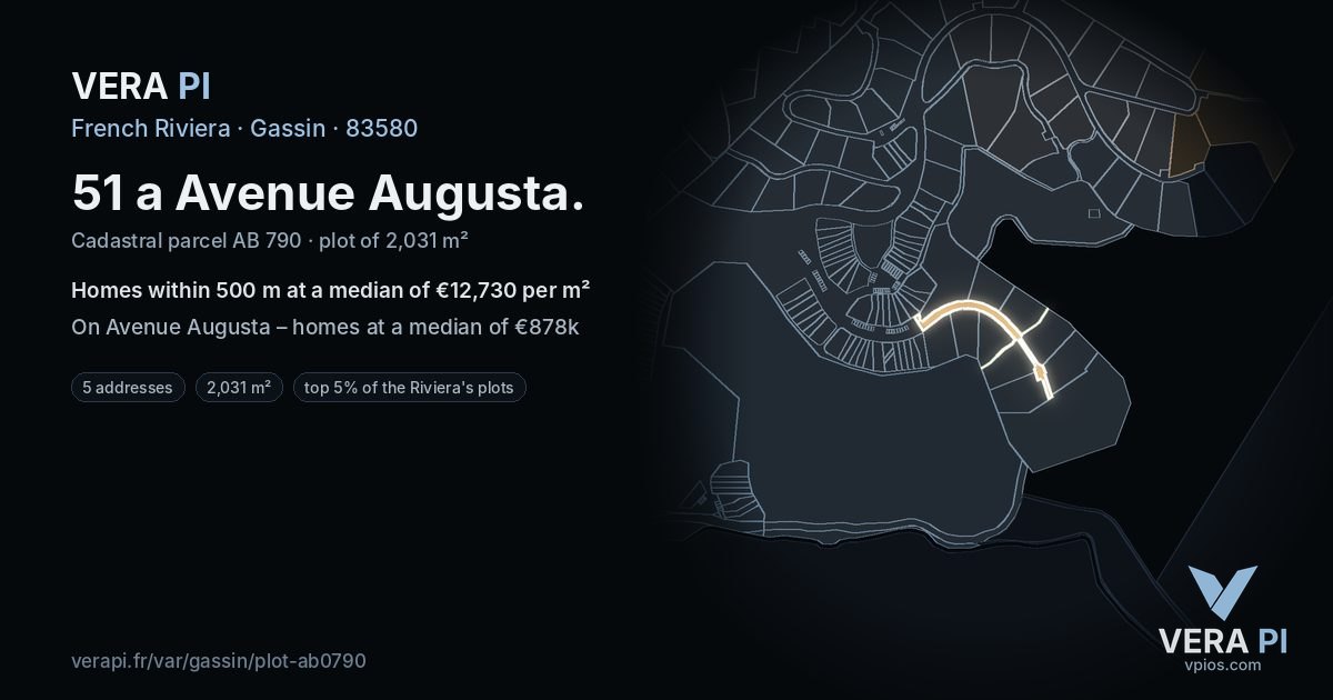 51 a Avenue Augusta, Gassin at night – the plot lit, the parcels around coloured by the prices near them